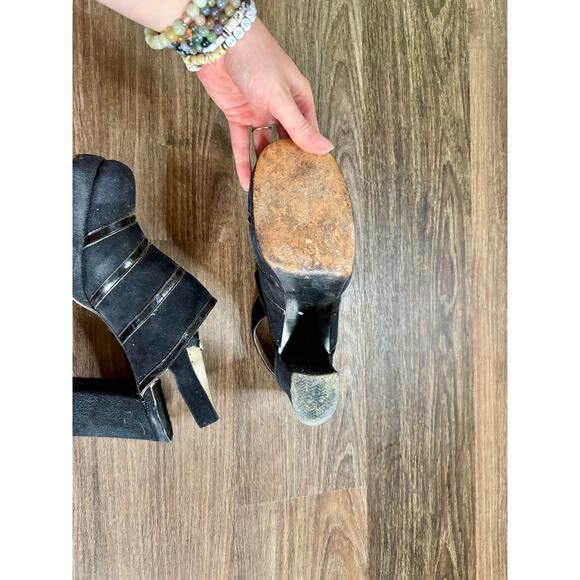 Vintage 1970s Faux Black Suede & Patent Leather Clogs Sling Back AS IS - Picture 6 of 11